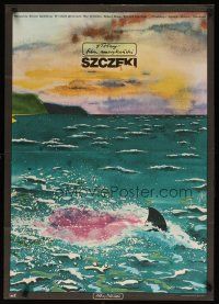 9f366 JAWS Polish 23x33 '76 Spielberg, different Dudzinski art of shark fin in bloody water!