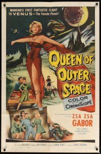 9f037 QUEEN OF OUTER SPACE 1sh '58 artwork of sexy full-length Zsa Zsa Gabor on Venus!