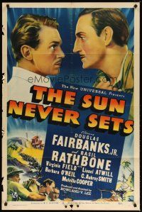 9f041 SUN NEVER SETS style A 1sh '39 bros Douglas Fairbanks & Basil Rathbone in African Gold Coast!