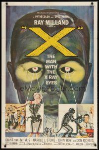 9f044 X: THE MAN WITH THE X-RAY EYES 1sh '63 Ray Milland strips souls & bodies, cool sci-fi art!