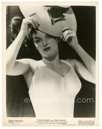 9f241 OUTLAW candid 8x10 still '45 sexy portrait of Jane Russell putting on hat, Howard Hughes