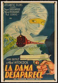 9g070 LADY VANISHES linen Argentinean '38 Hitchcock, different art of bandaged woman, train & gun!
