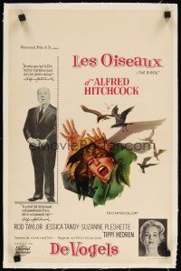 9g075 BIRDS linen Belgian '63 Alfred Hitchcock, Tippi Hedren, cool art of birds attacking!