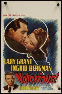9g091 NOTORIOUS Belgian R50s art of Cary Grant & Ingrid Bergman in big key, Hitchcock classic!