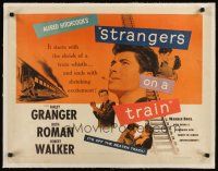 9g036 STRANGERS ON A TRAIN linen 1/2sh '51 Hitchcock, Farley Granger & Robert Walker murder pact!