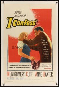 9g023 I CONFESS linen 1sh '53 Alfred Hitchcock, art of Montgomery Clift shaking Anne Baxter!
