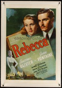9g012 REBECCA linen 1sh '40 Alfred Hitchcock classic, art of Laurence Olivier & Joan Fontaine!