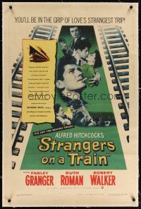 9g022 STRANGERS ON A TRAIN linen 1sh '51 Farley Granger & Robert Walker in murder pact, Hitchcock