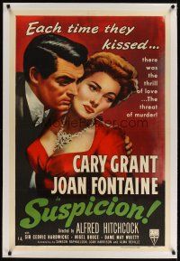 9g014 SUSPICION linen 1sh R53 Hitchcock, different full-color art of Cary Grant & Joan Fontaine!