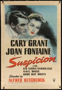 9g013 SUSPICION linen 1sh '41 Alfred Hitchcock, close up art of Cary Grant & Joan Fontaine!