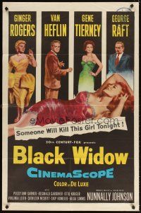 9h079 BLACK WIDOW 1sh '54 Ginger Rogers, Gene Tierney, Van Heflin, George Raft, sexy art!