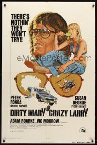 9h232 DIRTY MARY CRAZY LARRY 1sh '74 art of Peter Fonda & Susan George sucking on popsicle!