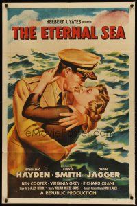 9h276 ETERNAL SEA 1sh '55 art of Sterling Hayden as Admiral John Hoskins with sexy Alexis Smith!