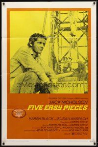 9h294 FIVE EASY PIECES 1sh '70 great image of Jack Nicholson, directed by Bob Rafelson!