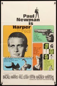 9h366 HARPER 1sh '66 Paul Newman has many fights, sexy Pamela Tiffin, great design!