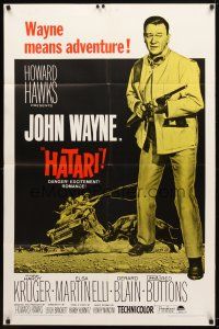 9h368 HATARI 1sh R67 Howard Hawks, full-length image of John Wayne in Africa!