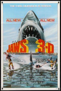 9h432 JAWS 3-D 1sh '83 great Gary Meyer shark artwork, the third dimension is terror!
