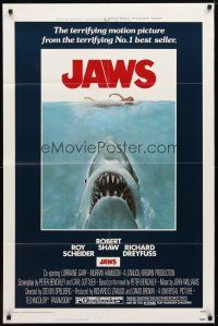 9h430 JAWS 1sh '75 art of Steven Spielberg's classic man-eating shark attacking nude swimmer!