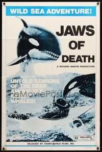 9h433 JAWS OF DEATH 1sh '77 cool artwork of two killer whales attacking man in kayak!