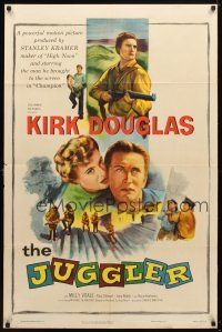 9h446 JUGGLER 1sh '53 Jewish concentration camp survivor Kirk Douglas is on the run from his past!