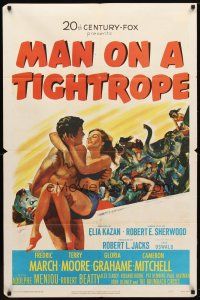 9h507 MAN ON A TIGHTROPE 1sh '53 directed by Elia Kazan, pretty circus performer Terry Moore!