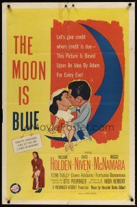 9h530 MOON IS BLUE 1sh '53 William Holden, Maggie McNamara is a virgin, directed by Preminger!