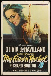 9h541 MY COUSIN RACHEL 1sh '53 artwork of pretty Olivia de Havilland & Richard Burton!