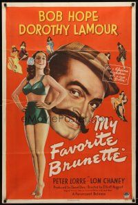 9h542 MY FAVORITE BRUNETTE style A 1sh '47 Bob Hope & full-length sexy Dorothy Lamour in swimsuit!