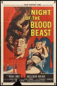 9h555 NIGHT OF THE BLOOD BEAST 1sh '58 great art of sexy girl & monster hand holding severed head!
