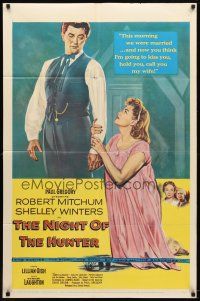 9h557 NIGHT OF THE HUNTER 1sh '55 Robert Mitchum standing over Shelley Winters!