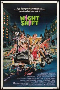 9h560 NIGHT SHIFT 1sh '82 Michael Keaton, Henry Winkler, sexy girls in hearse art by Mike Hobson!