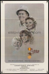 9h578 ON GOLDEN POND 1sh '81 art of Katharine Hepburn, Henry Fonda, and Jane Fonda by C.D. de Mar!