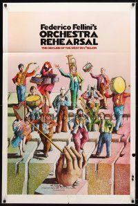 9h590 ORCHESTRA REHEARSAL 1sh '79 Federico Fellini's Prova d'orchestra, cool Bonhomme artwork!
