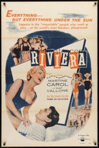 9h675 RIVIERA 1sh '54 sexy laughing Martine Carol in swimsuit lifted by Raf Vallone!