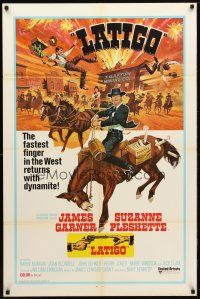 9h802 SUPPORT YOUR LOCAL GUNFIGHTER int'l 1sh '71 Latigo, art of cowboy James Garner on donkey!