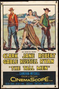 9h817 TALL MEN 1sh '55 full-length art of Clark Gable, sexy Jane Russell showing leg, Ryan!