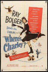 9h952 WHERE'S CHARLEY 1sh '52 great artwork of wacky cross-dressing Ray Bolger!