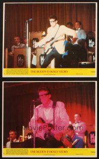 9j195 BUDDY HOLLY STORY 2 8x10 mini LCs '78 Gary Busey performing on stage, rock & roll biography!