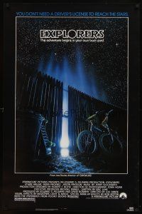 9k155 EXPLORERS 1sh '85 Joe Dante directed, image of bike & skateboard by glowing fence!