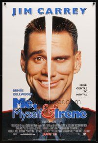 9k463 ME, MYSELF & IRENE style A advance DS 1sh '00 wacky portrait image of two-faced Jim Carrey!