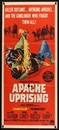9m698 APACHE UPRISING Aust daybill '66 Rory Calhoun, art of cowboy fighting with Native American!