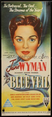 9m721 BLUE VEIL Aust daybill '51 cool close-up stone litho art of pretty Jane Wyman!