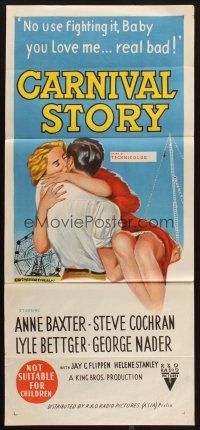 9m740 CARNIVAL STORY Aust daybill '54 sexy Anne Baxter held by Steve Cochran who she loves bad!