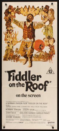 9m793 FIDDLER ON THE ROOF Aust daybill '71 cool artwork of Topol & cast by Ted CoConis!