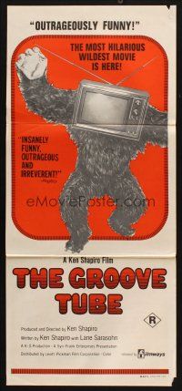 9m857 GROOVE TUBE Aust daybill '74 Chevy Chase, like TV's SNL, wild image of gorilla with TV head!