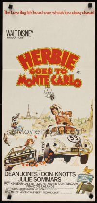 9m869 HERBIE GOES TO MONTE CARLO Aust daybill '77 Disney, different Volkswagen Beetle racing art!