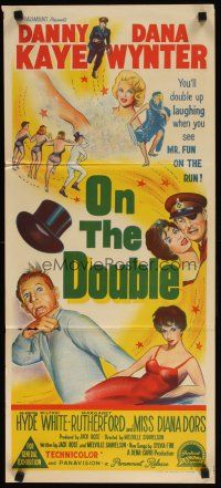 9m933 ON THE DOUBLE Aust daybill '61 art of wacky Danny Kaye, plus sexy Diana Dors in bubbles!