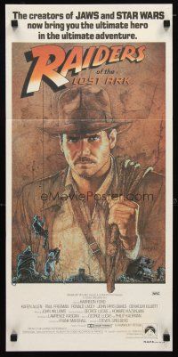 9m952 RAIDERS OF THE LOST ARK Aust daybill '81 great Richard Amsel artwork of Harrison Ford!
