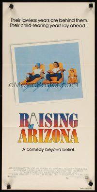 9m953 RAISING ARIZONA Aust daybill '87 Coen Brothers, art of Nicolas Cage, Holly Hunter & baby!