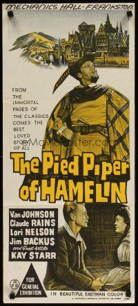 9m945 PIED PIPER OF HAMELIN Aust daybill '61 great stone litho art of Van Johnson in wacky outfit!